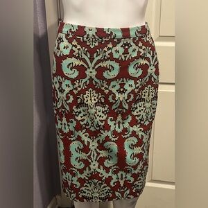 The Limited Retro Red & Teal Damask Pencil Skirt Sz 0 Bohemian Tropical Chic